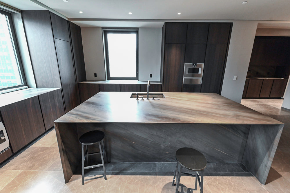 minotticucine Modern Classic Dark Brown Kitchen with Stone Countertops and Gaggenau Refrigerators