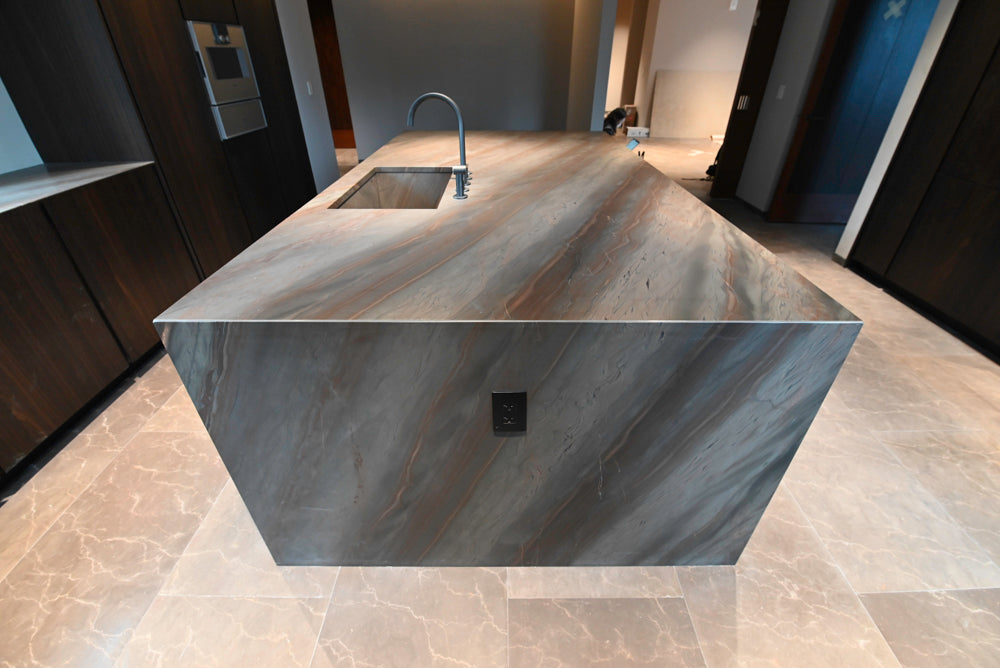 minotticucine Modern Classic Dark Brown Kitchen with Stone Countertops and Gaggenau Refrigerators
