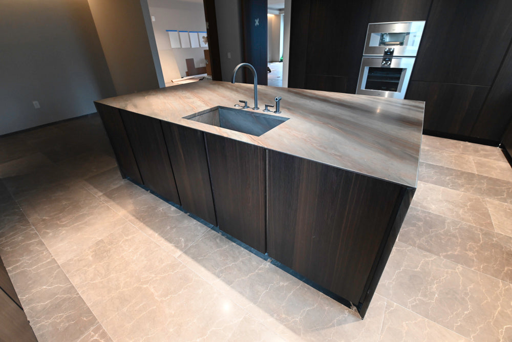minotticucine Modern Classic Dark Brown Kitchen with Stone Countertops and Gaggenau Refrigerators