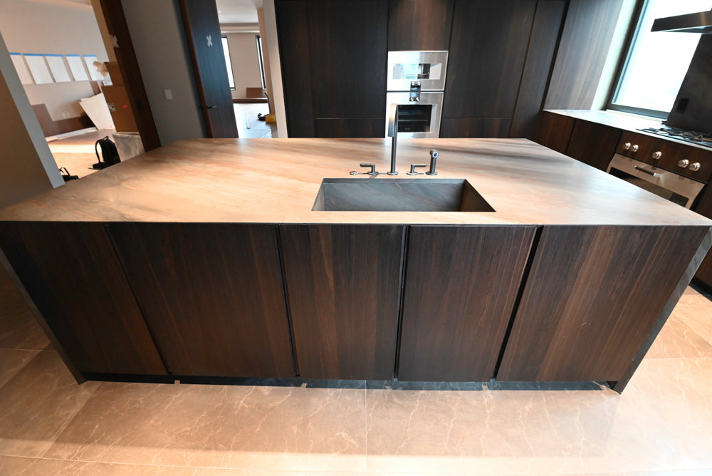 minotticucine Modern Classic Dark Brown Kitchen with Stone Countertops and Gaggenau Refrigerators