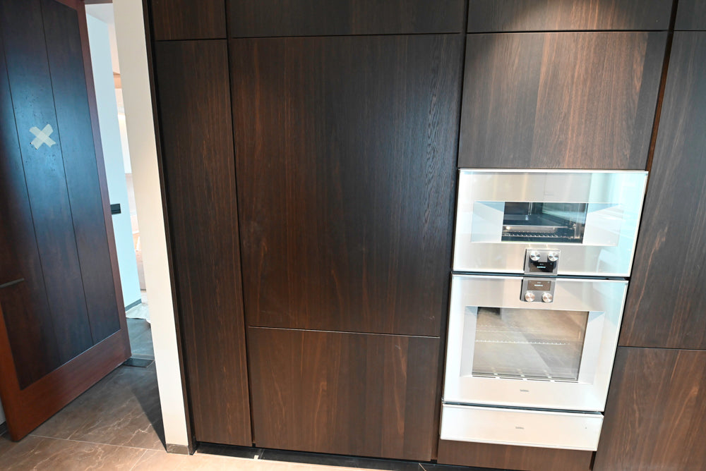 minotticucine Modern Classic Dark Brown Kitchen with Stone Countertops and Gaggenau Refrigerators