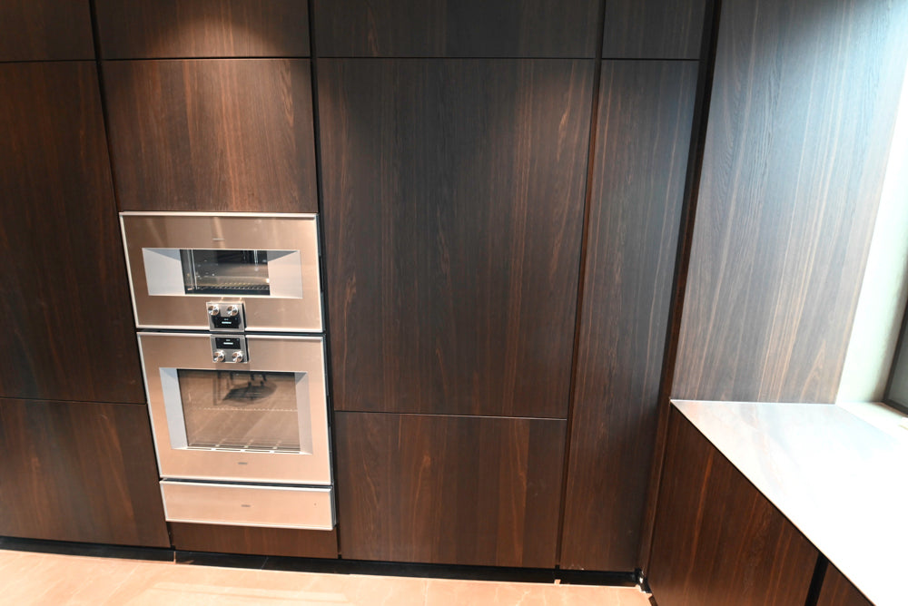 minotticucine Modern Classic Dark Brown Kitchen with Stone Countertops and Gaggenau Refrigerators