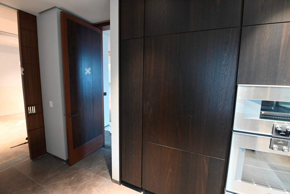 minotticucine Modern Classic Dark Brown Kitchen with Stone Countertops and Gaggenau Refrigerators
