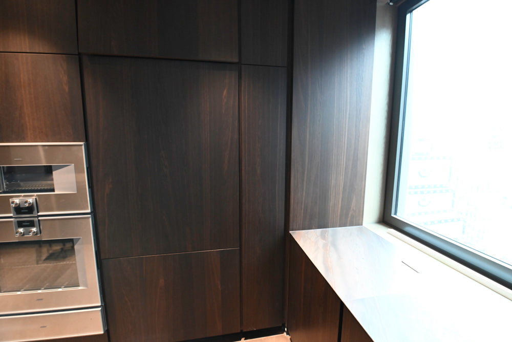 minotticucine Modern Classic Dark Brown Kitchen with Stone Countertops and Gaggenau Refrigerators