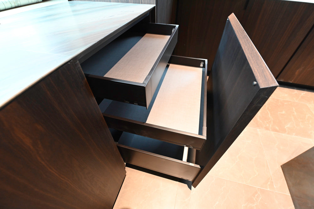 minotticucine Modern Classic Dark Brown Kitchen with Stone Countertops and Gaggenau Refrigerators
