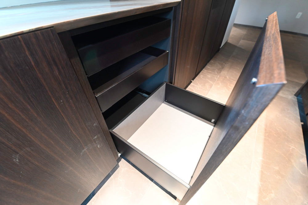 minotticucine Modern Classic Dark Brown Kitchen with Stone Countertops and Gaggenau Refrigerators