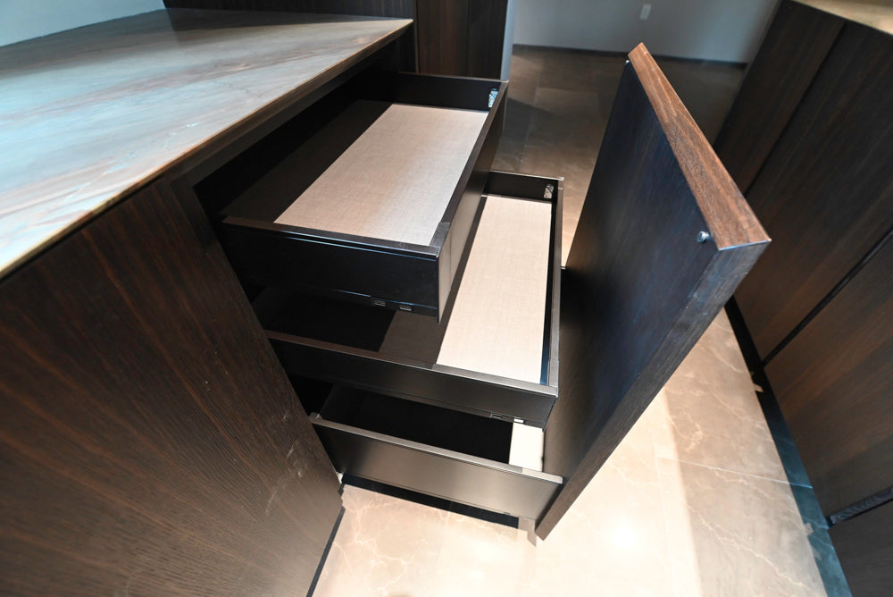 minotticucine Modern Classic Dark Brown Kitchen with Stone Countertops and Gaggenau Refrigerators