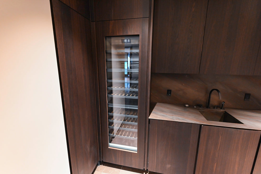 minotticucine Modern Classic Brown Butler's Pantry with Stone Countertops and Gaggenau Wine Cooler