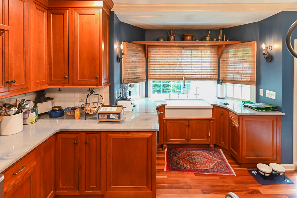 Plain & Fancy Traditional Wooden Kitchen with Island, Quartz Countertops & Appliances