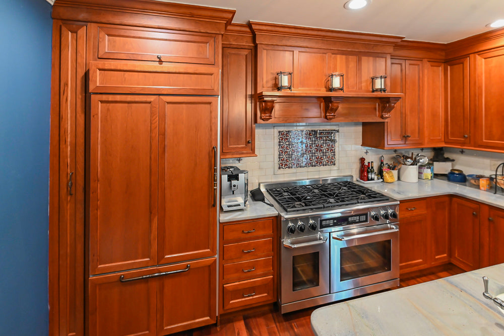 Plain & Fancy Traditional Wooden Kitchen with Island, Quartz Countertops & Appliances