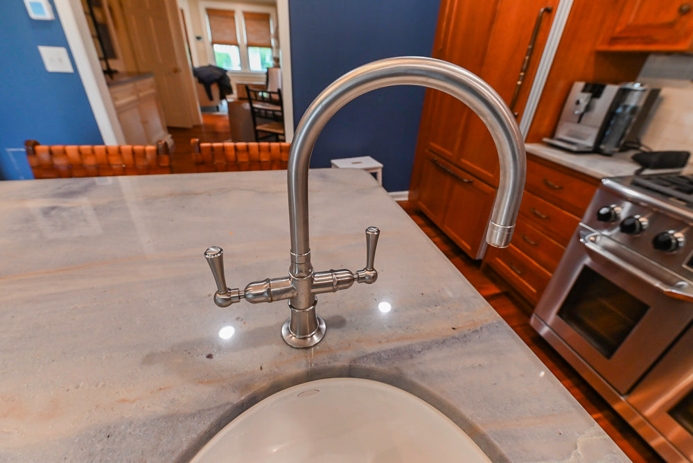 Plain & Fancy Traditional Wooden Kitchen with Island, Quartz Countertops & Appliances