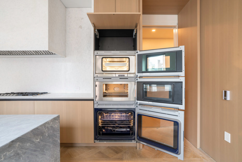 Molteni & C Dada Modern White Oak Kitchen with Marble Countertops & Gaggenau Appliances