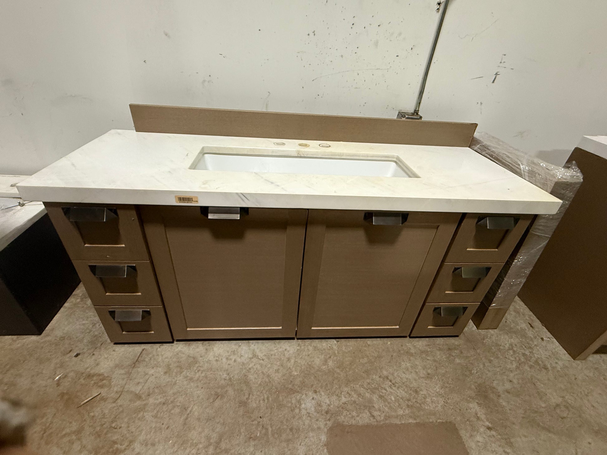 Stevali 66" Modern Natural Wood Single Vanity with White Marble Top and Sink