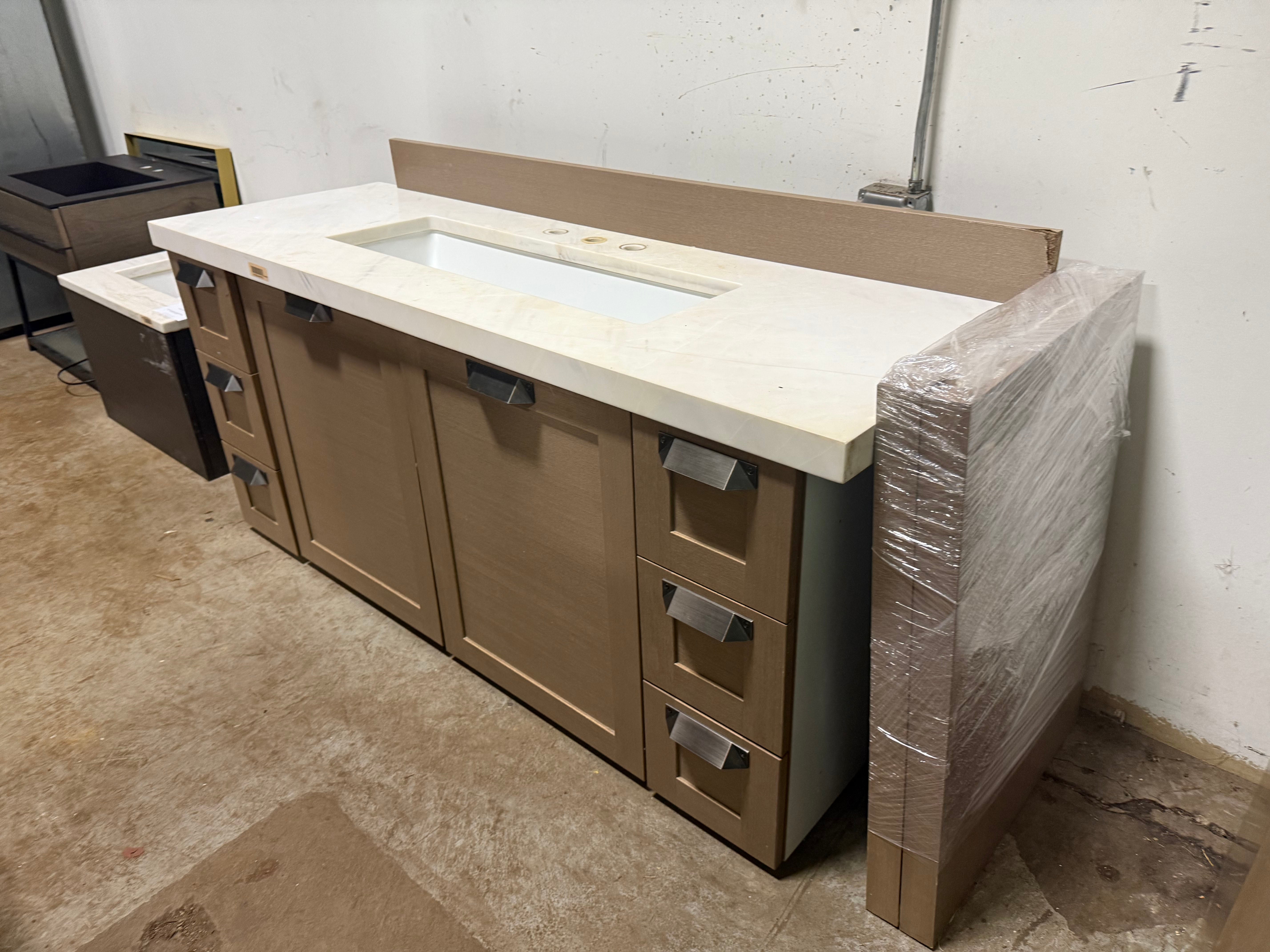 Stevali 66" Modern Natural Wood Single Vanity with White Marble Top and Sink