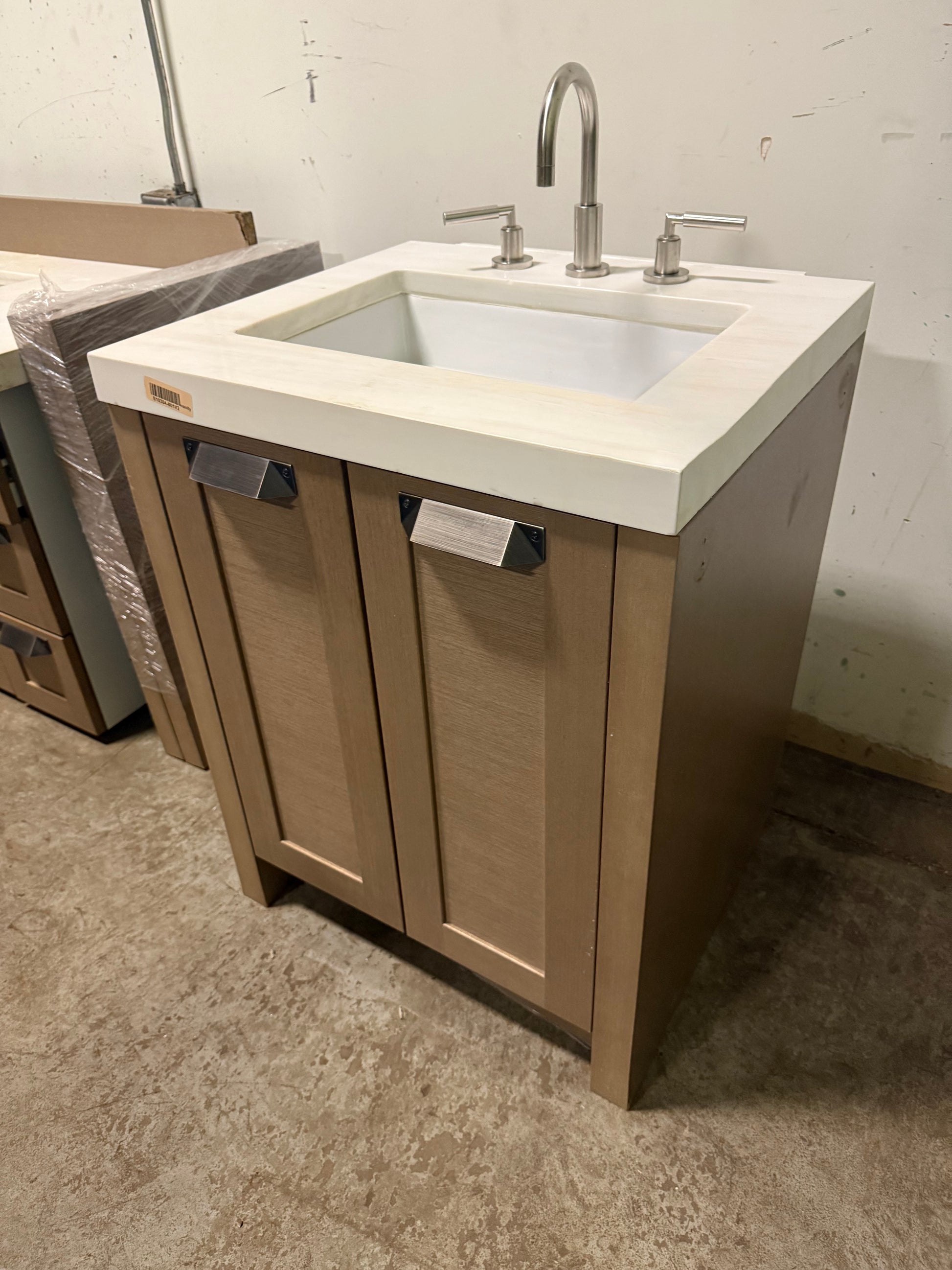 Stevali 26" Modern Natural Wood Single Vanity with White Marble Top, Sink and Faucet