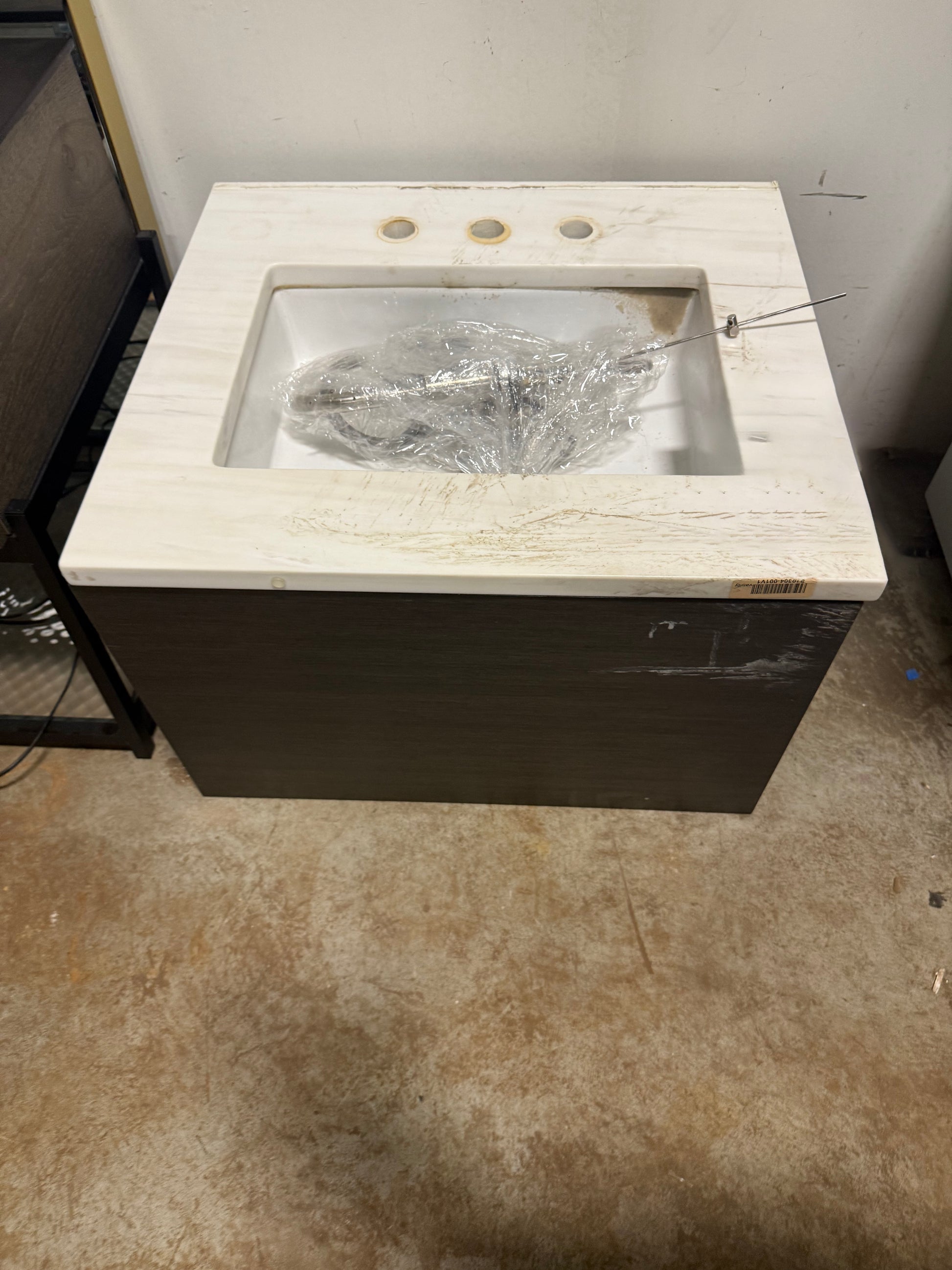 Modern 27" Dark Brown Floating Single Vanity with White Marble Top, Sink and Faucet