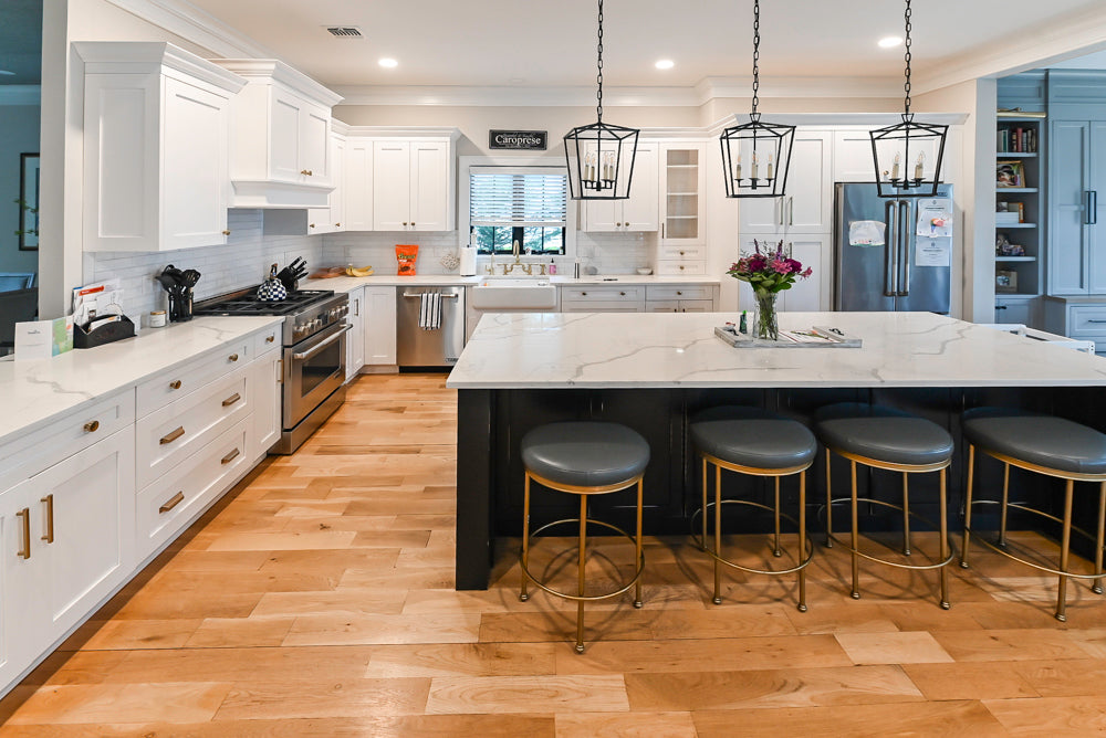 St. Martin Transitional White Kitchen with Island, White Quartz Countertops & JennAir Appliances