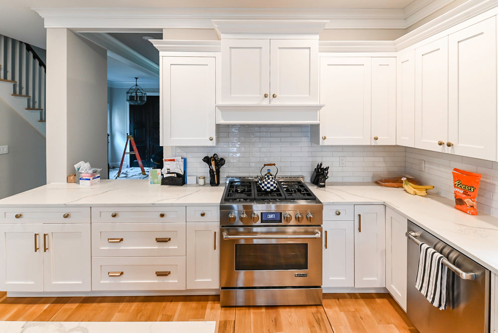 St. Martin Transitional White Kitchen with Island, White Quartz Countertops & JennAir Appliances