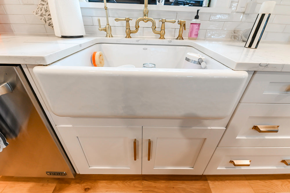 St. Martin Transitional White Kitchen with Island, White Quartz Countertops & JennAir Appliances