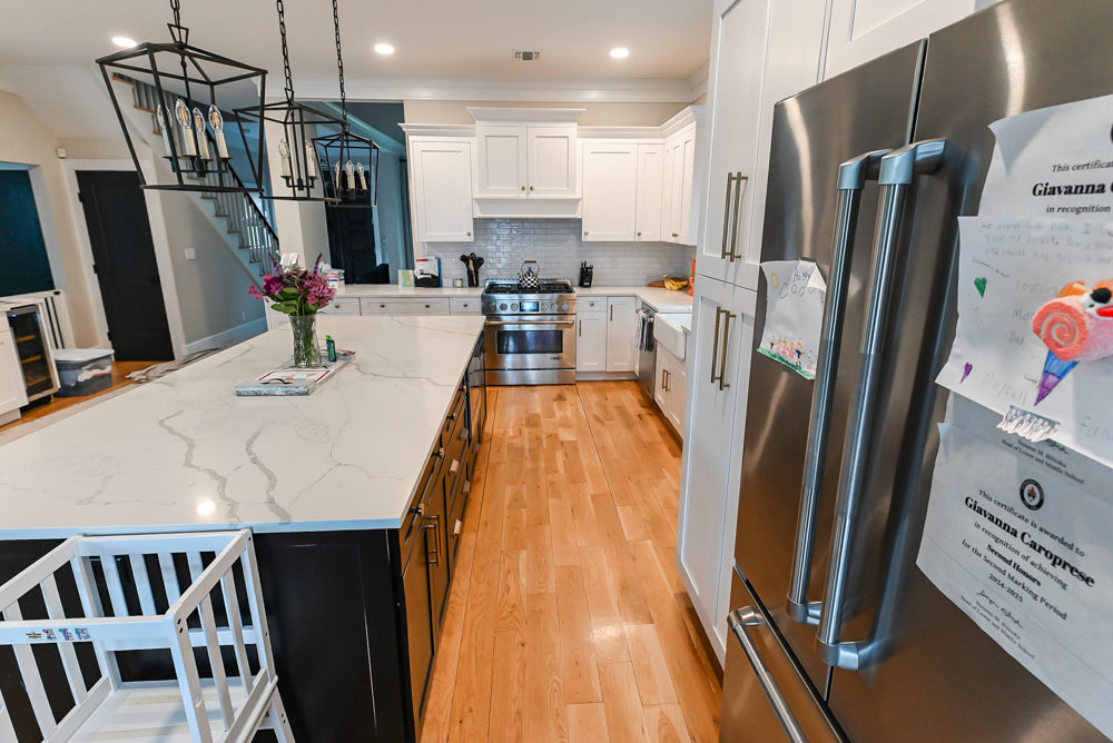 St. Martin Transitional White Kitchen with Island, White Quartz Countertops & JennAir Appliances