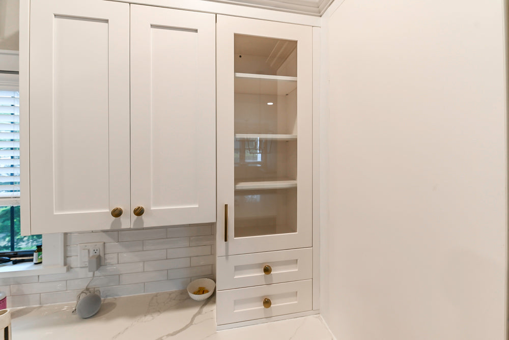 St. Martin Transitional White Kitchen with Island, White Quartz Countertops & JennAir Appliances