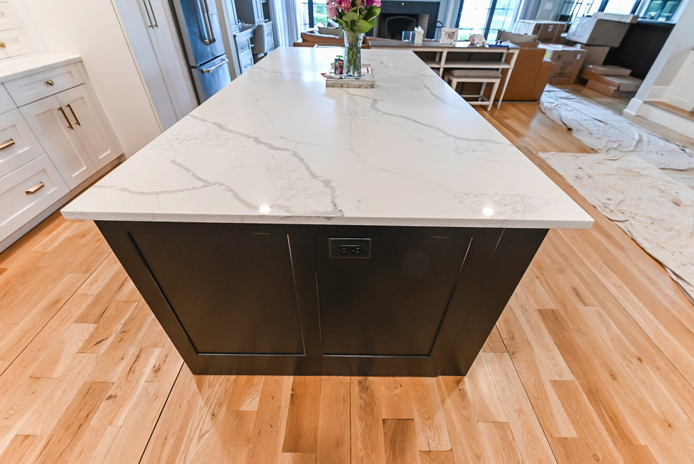 St. Martin Transitional White Kitchen with Island, White Quartz Countertops & JennAir Appliances