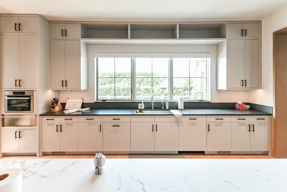 Custom Modern Two-Tone Kitchen with Marble Top Island and Sub-Zero & Wolf Appliances