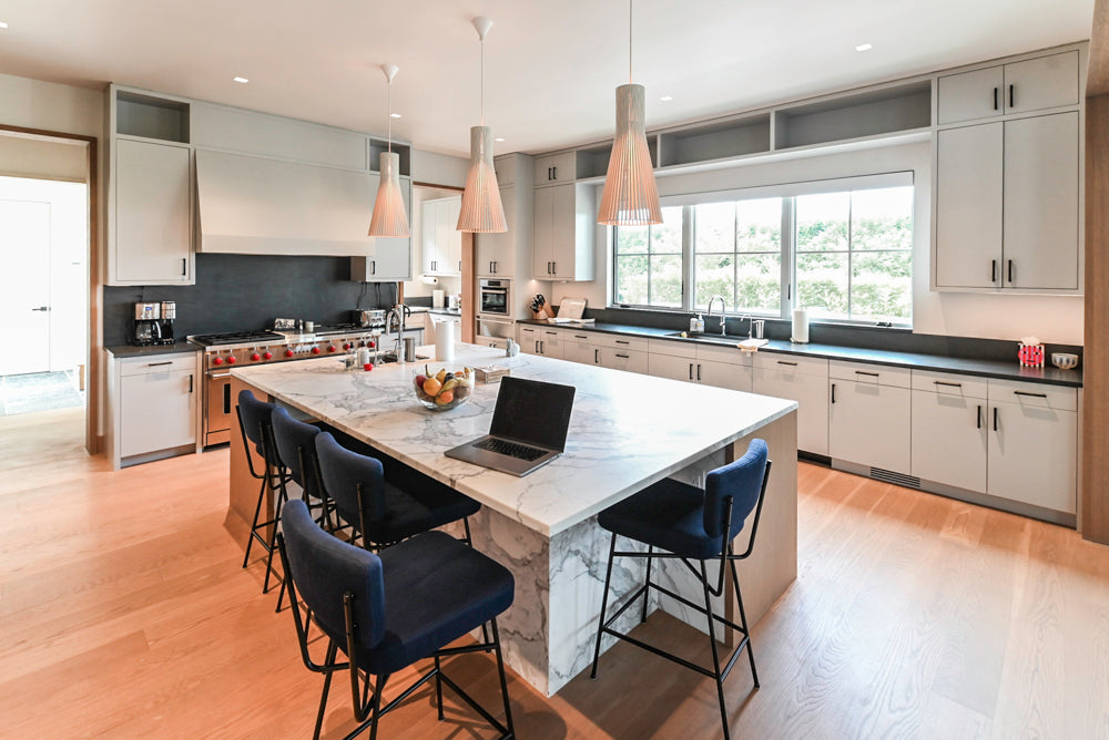 Custom Modern Two-Tone Kitchen with Marble Top Island and Sub-Zero & Wolf Appliances