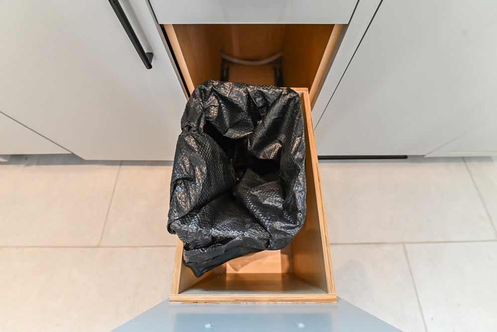 Custom Modern Light Grey Pantry with White Stone Countertops and Stainless Steel Sink