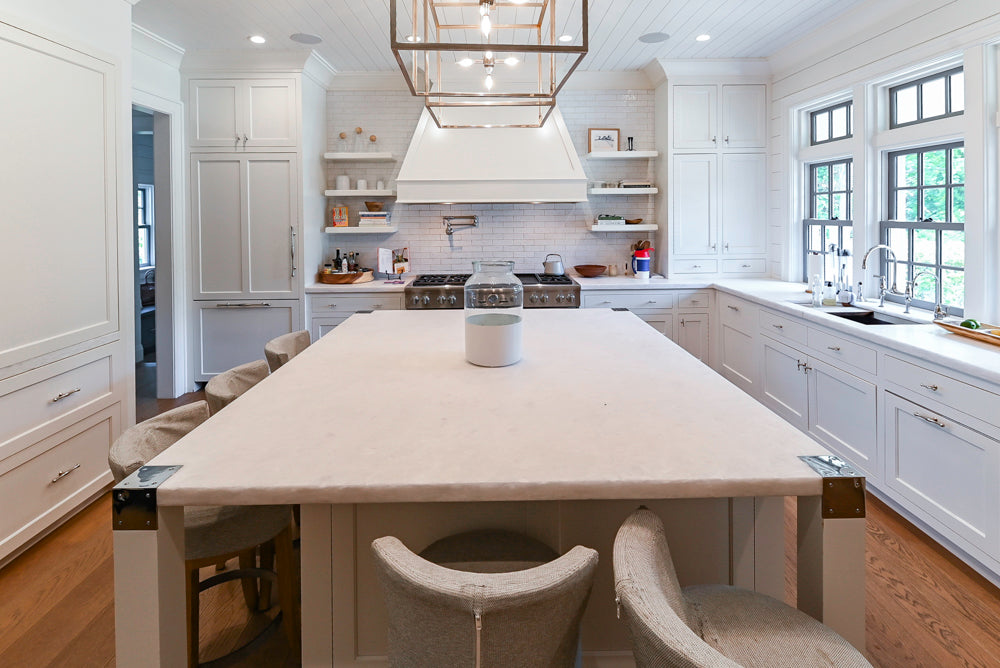 Ciuffo Cabinetry Transitional White Kitchen with Marble Countertops and Thermador Appliances