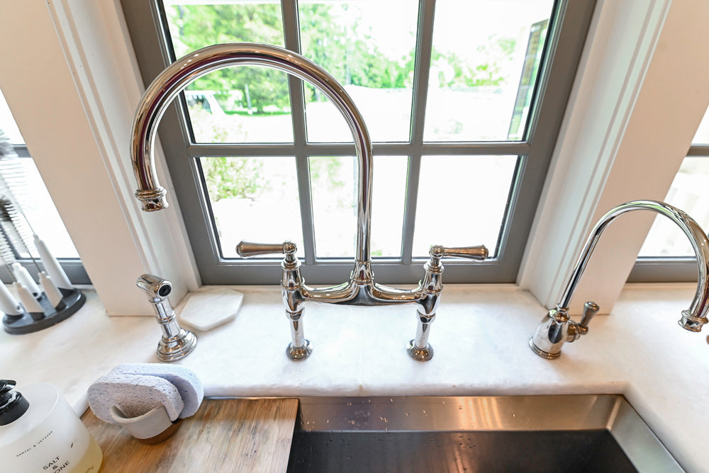 Ciuffo Cabinetry Transitional White Kitchen with Marble Countertops and Thermador Appliances