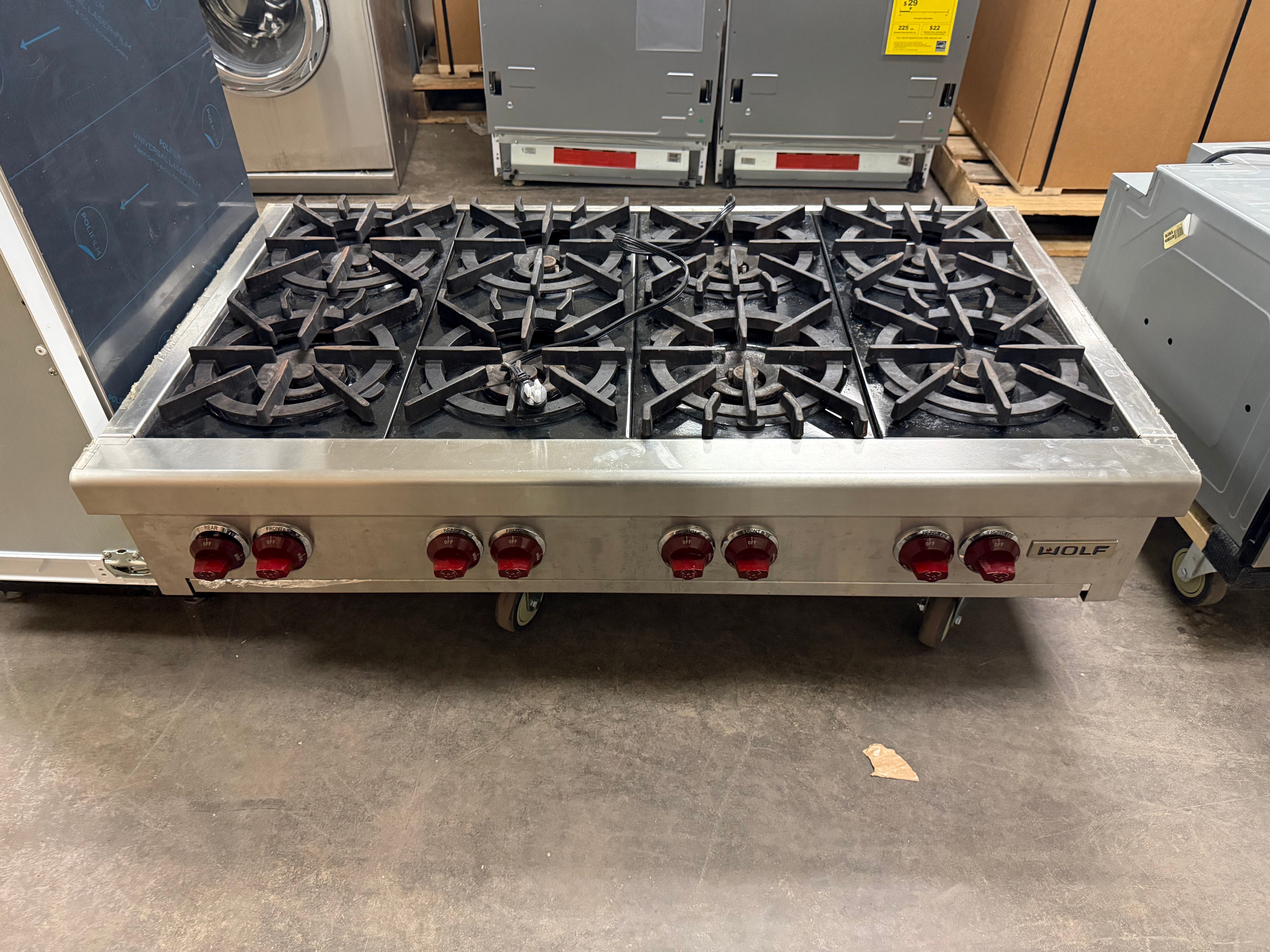 Wolf 48 inch professional gas rangetop with 8 burners and signature red knobs
