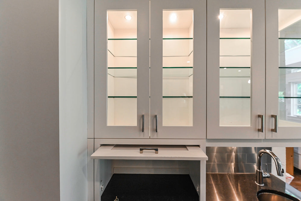 Rutt Transitional White Kitchen with Island, Wet Bar, Granite Countertops & Appliances