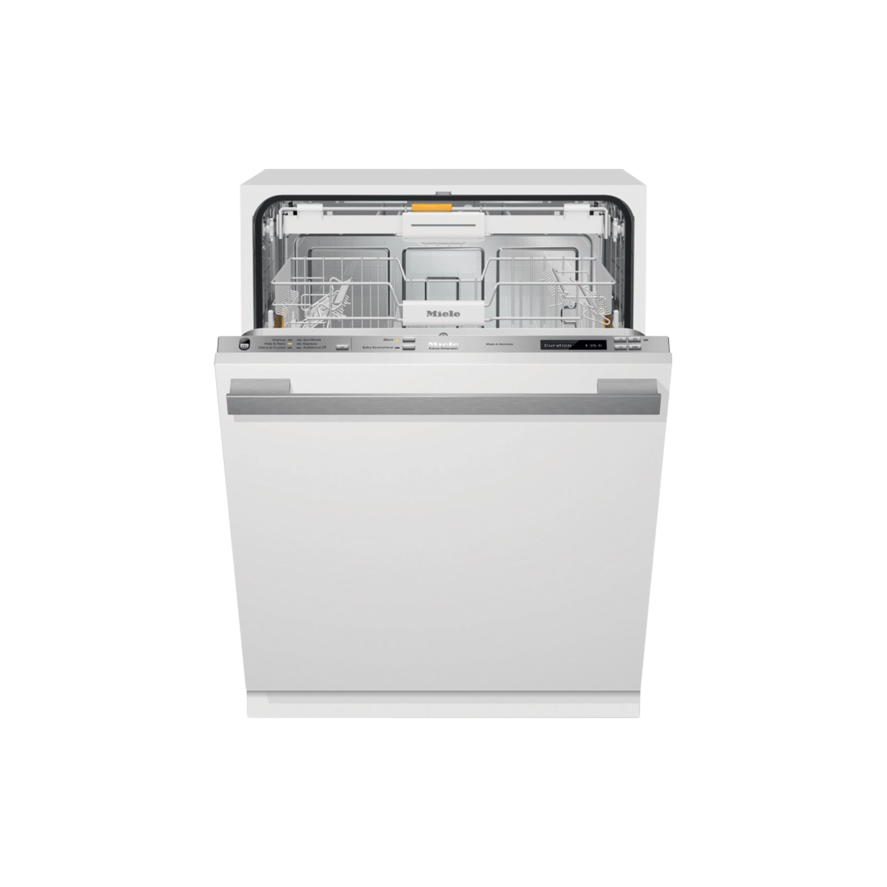 Miele G6365SCVI 24 inch fully integrated panel ready dishwasher front open profile view showing steel interior