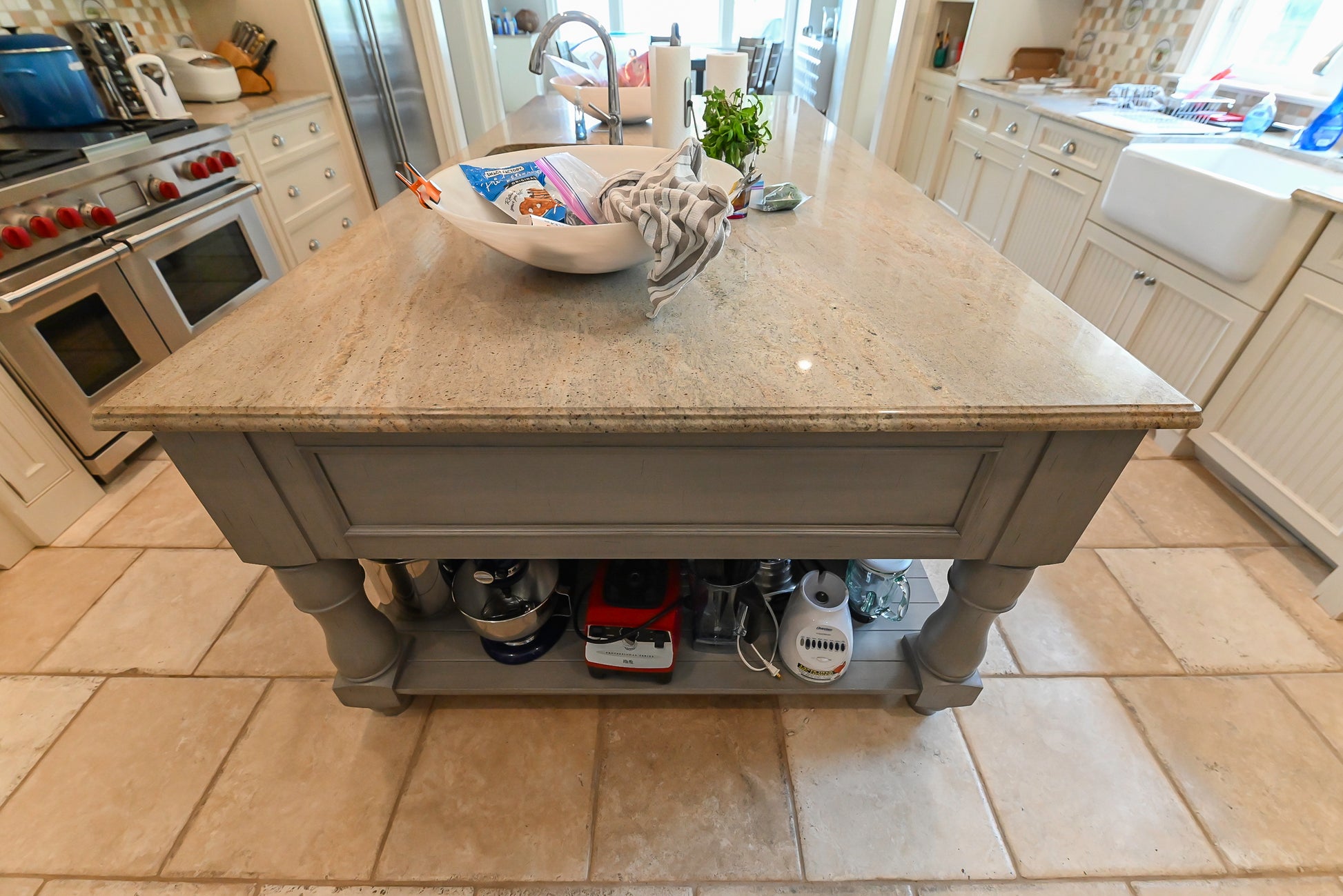 Craftmaid Traditional Off White Kitchen with Island, Granite Countertops & 48" Sub-Zero Refrigerator
