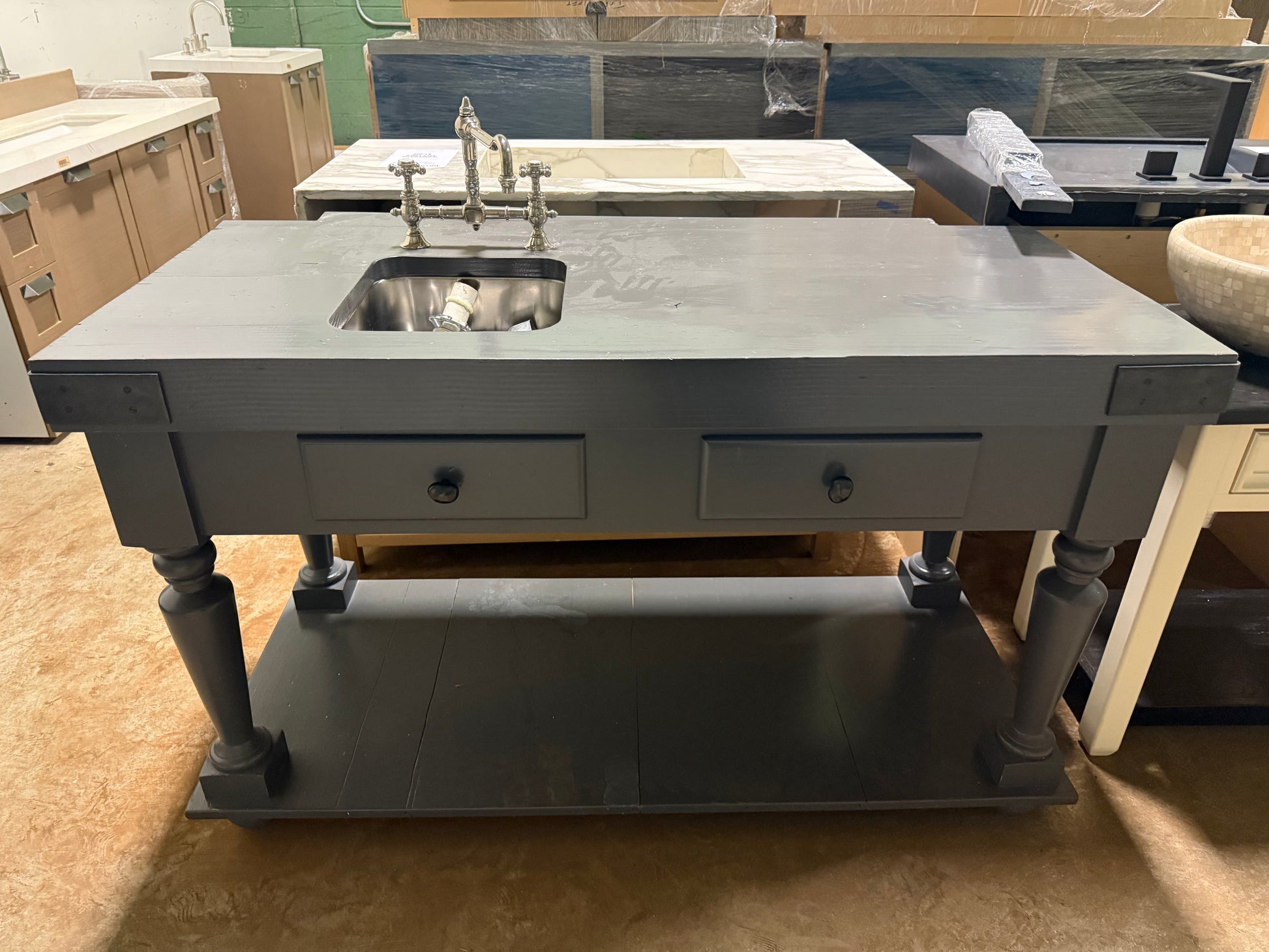 Traditional 56 1/2" Grey Single Vanity with Wood Top, Sink and Waterworks Faucet