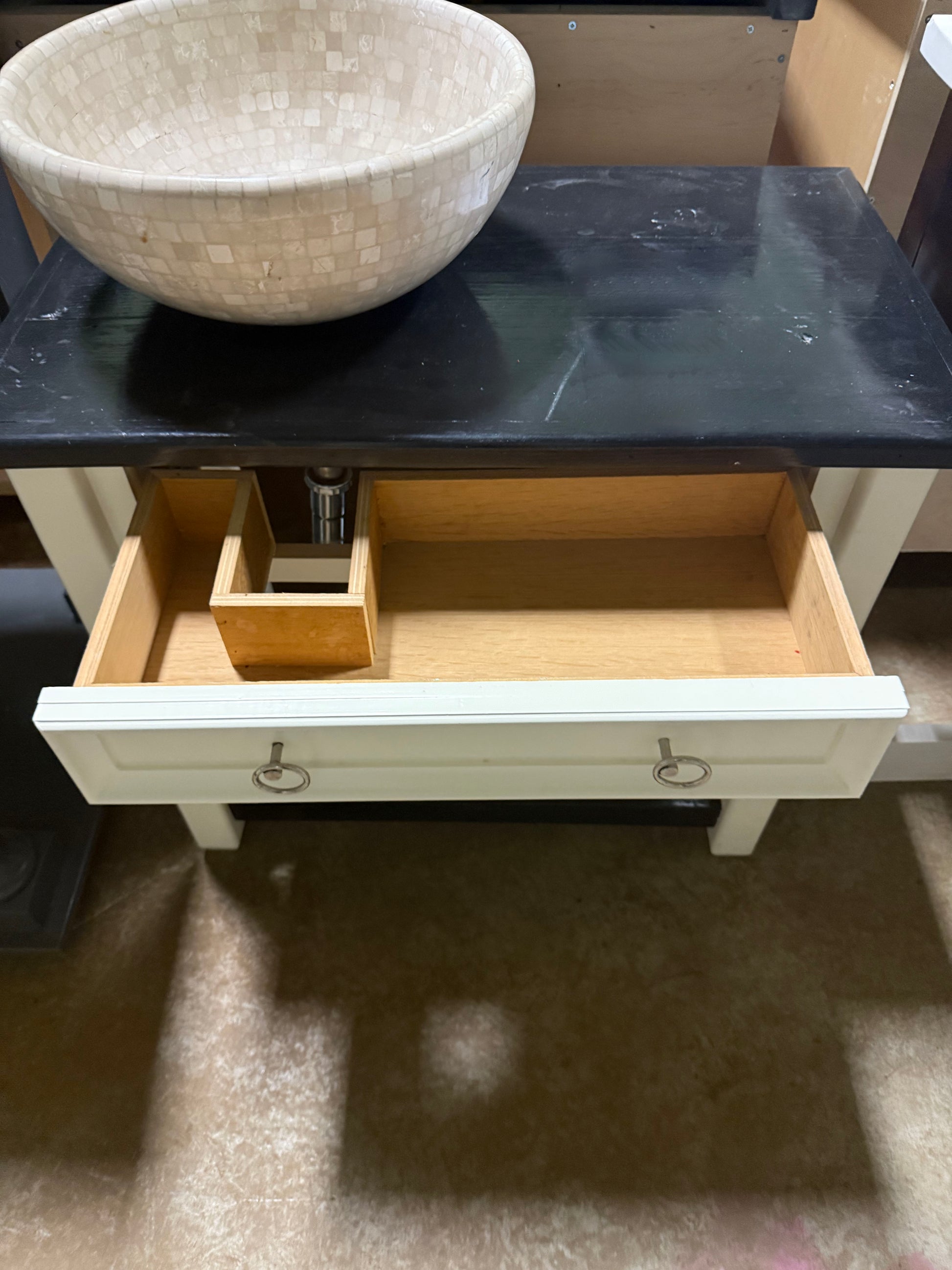 Traditional 30 1/2" Cream Single Vanity with Black Wood Top and Mosaic Top Mount Sink