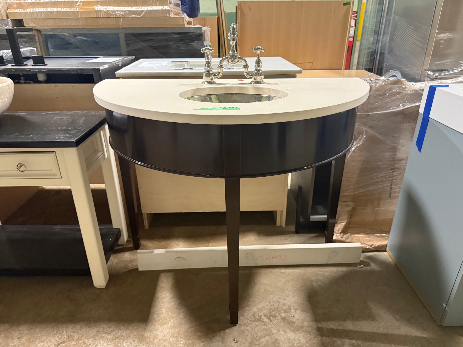 Traditional 44" Dark Brown Wooden Half-Round Single Vanity Half-Round with Sink and Waterworks Faucet