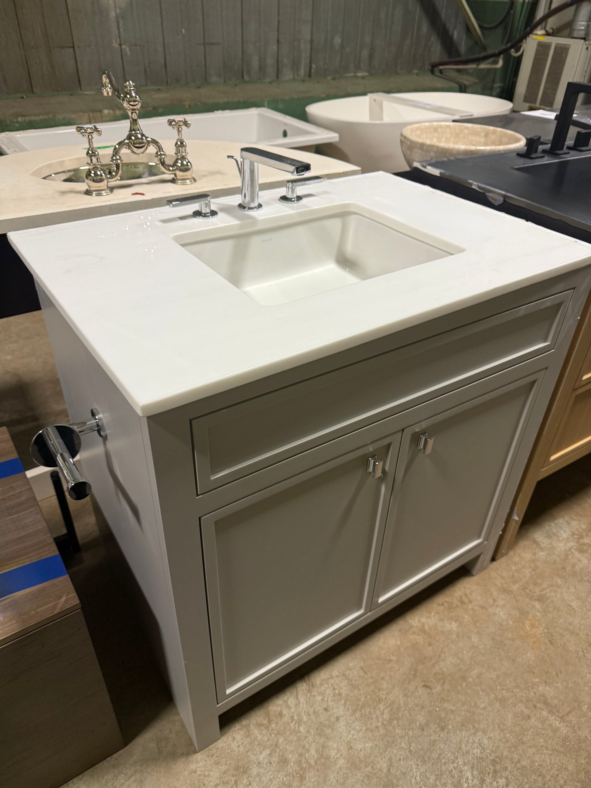 Modern Grey 35" Single Vanity With White Top, Kohler Sink and Polished Chrome Three-Piece Faucet