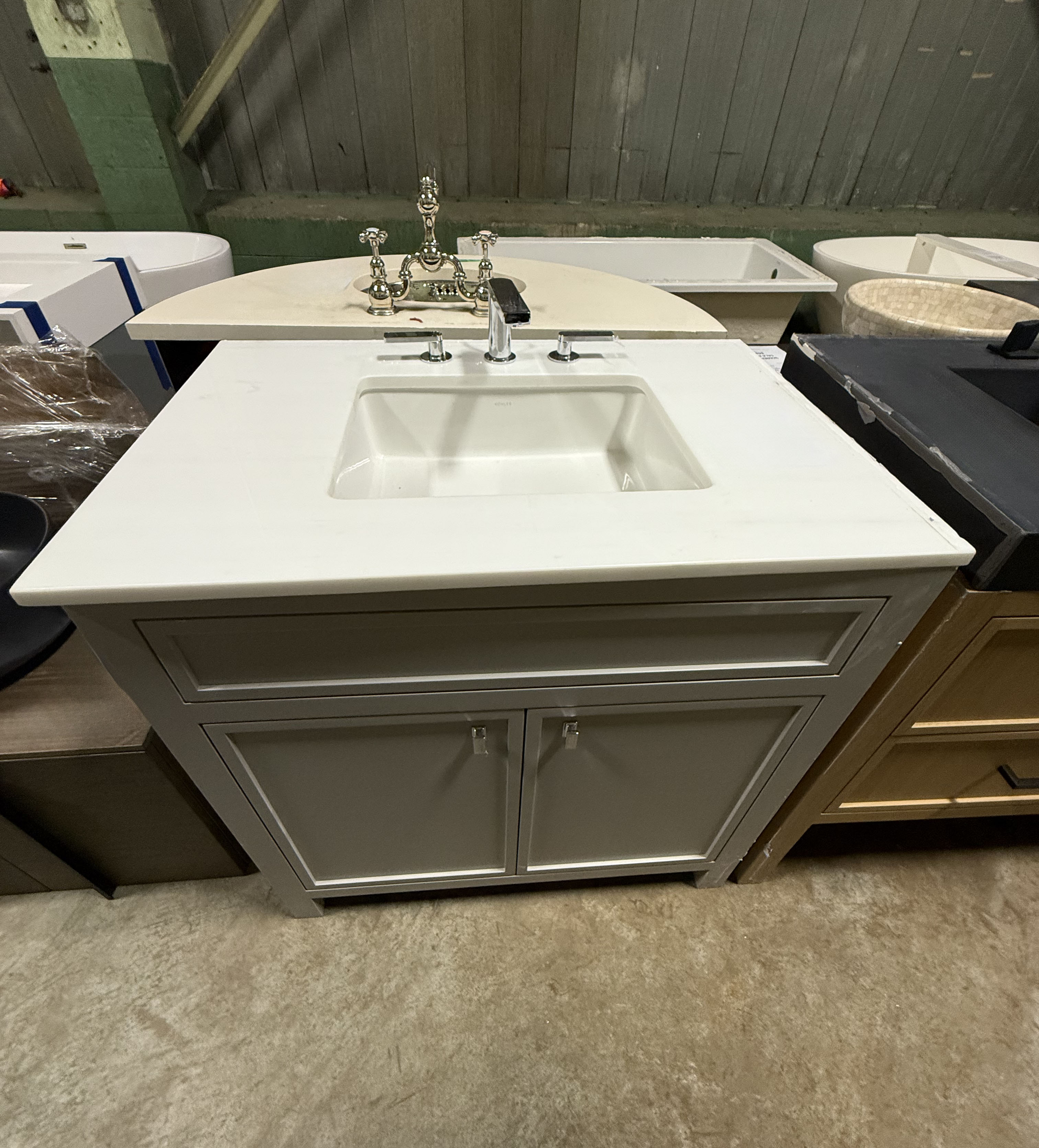 Modern Grey 35" Single Vanity With White Top, Kohler Sink and Polished Chrome Three-Piece Faucet
