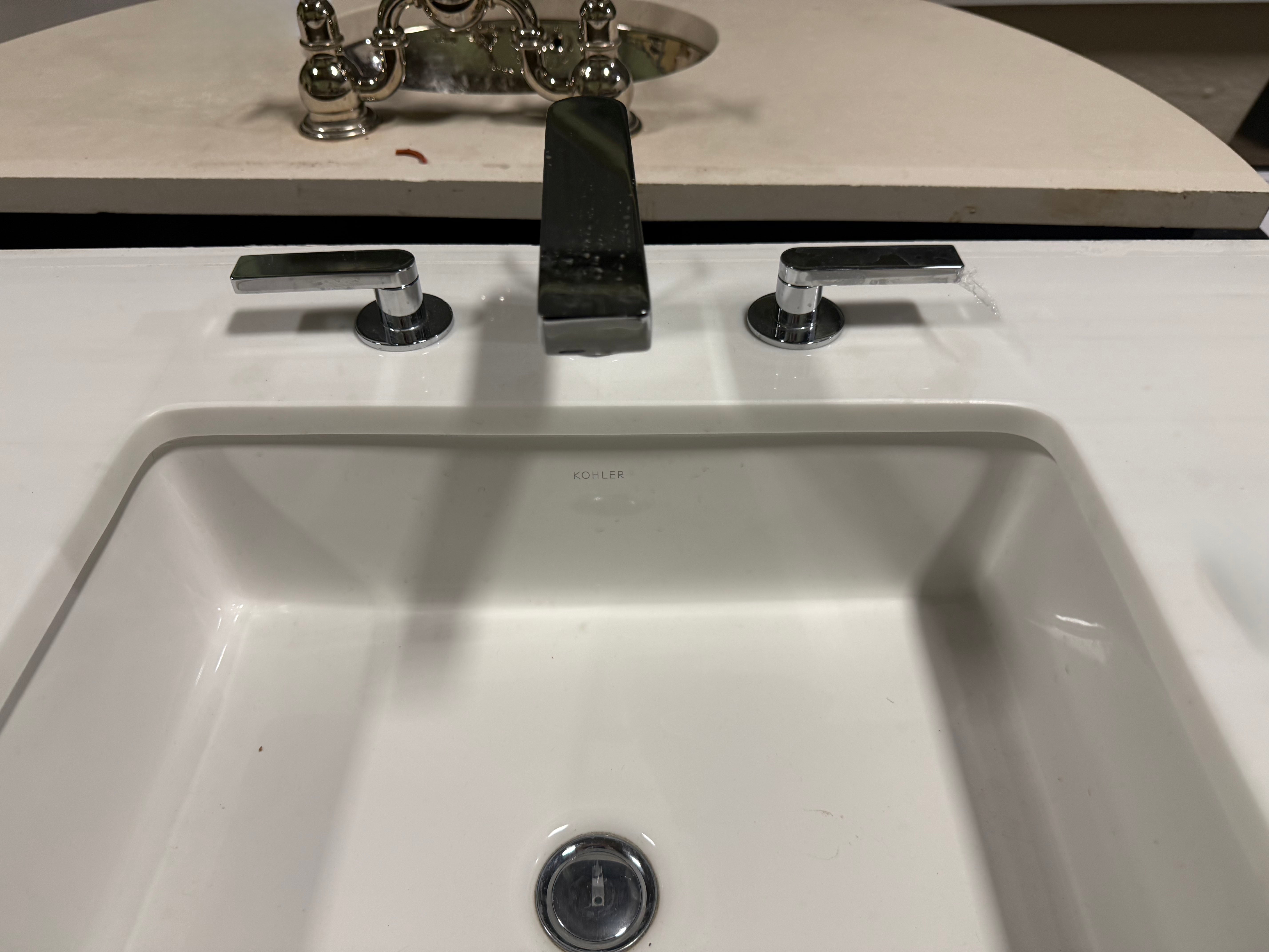Modern Grey 35" Single Vanity With White Top, Kohler Sink and Polished Chrome Three-Piece Faucet