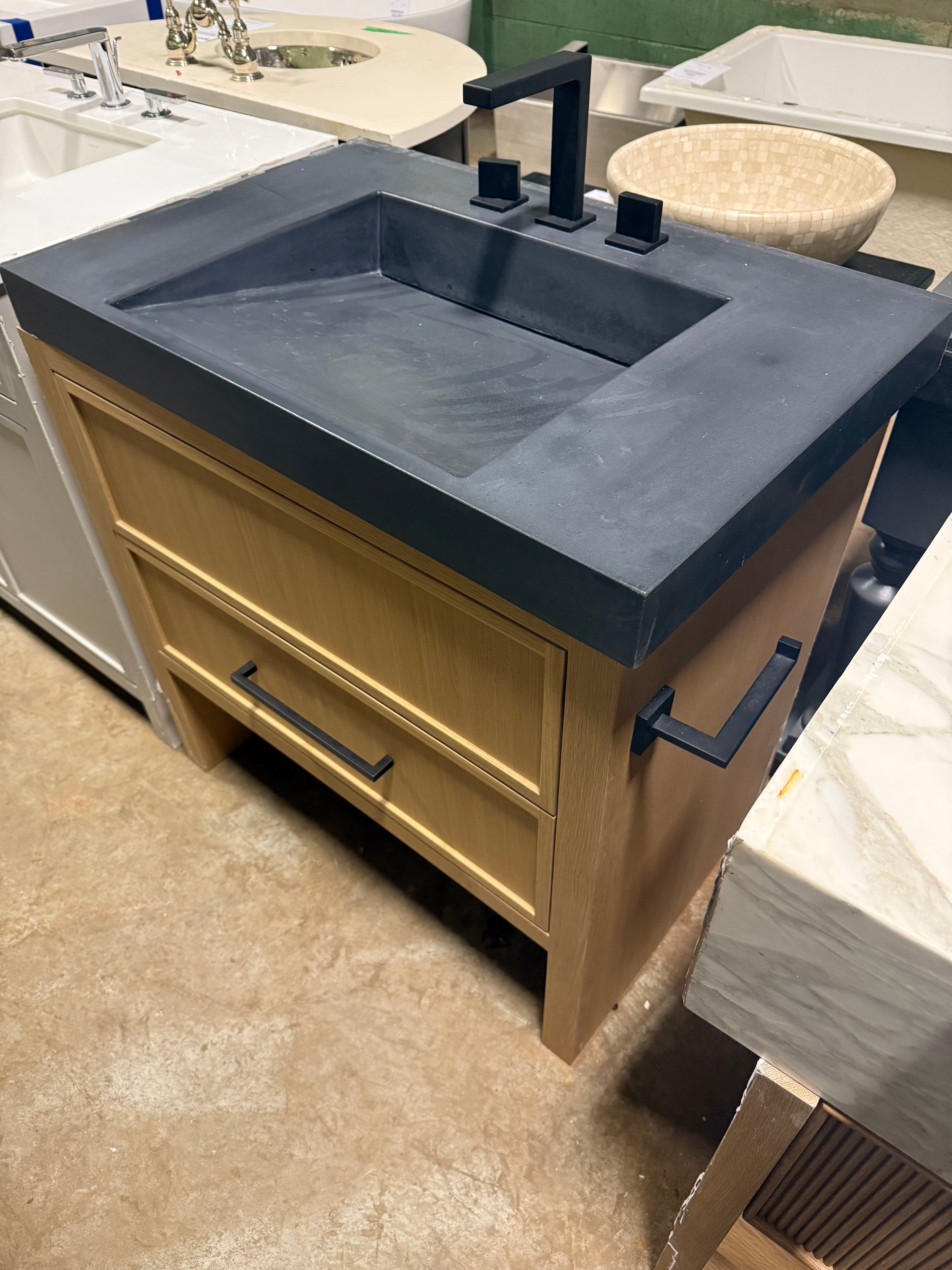 Custom 35" Natural Wood Wall Mount Vanity With Integrated Black Sink Top and Matte Black Faucet