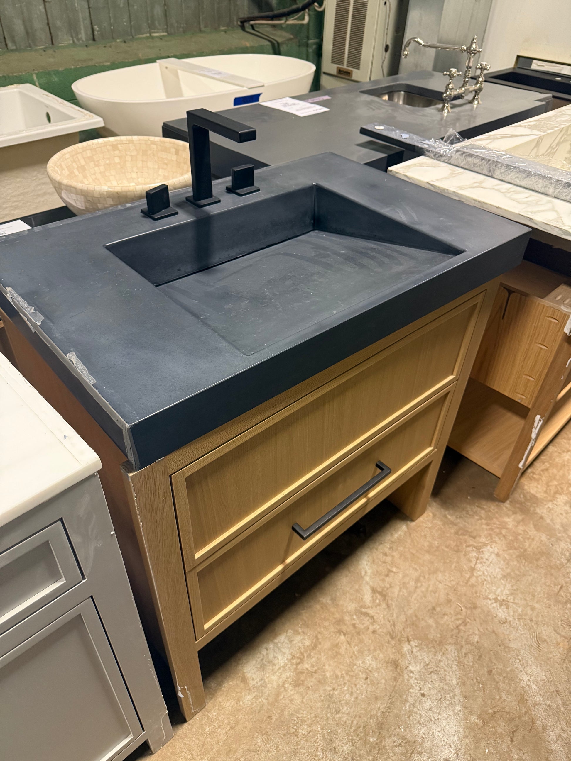 Custom 35" Natural Wood Wall Mount Vanity With Integrated Black Sink Top and Matte Black Faucet