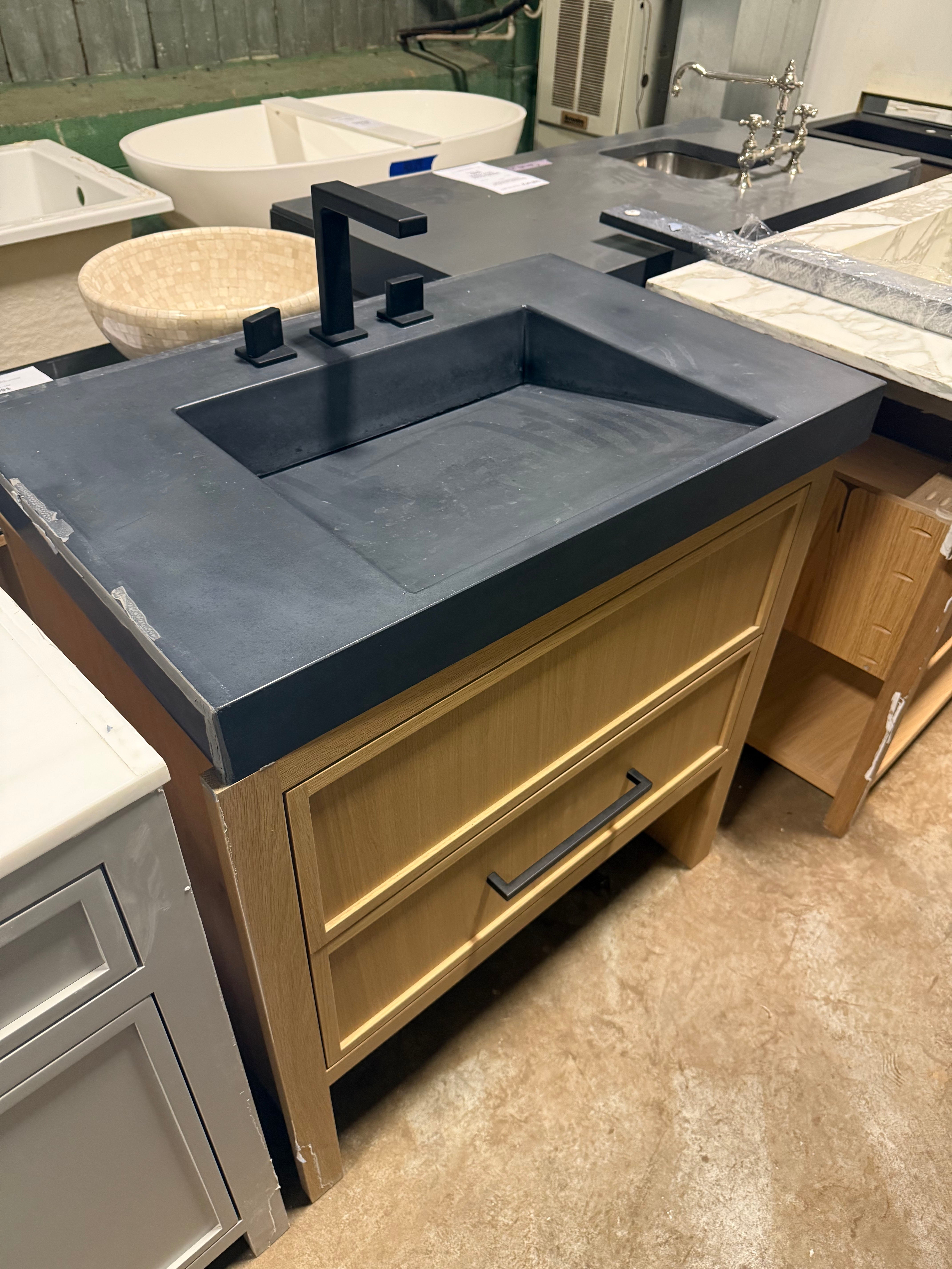 Custom 35" Natural Wood Wall Mount Vanity With Integrated Black Sink Top and Matte Black Faucet