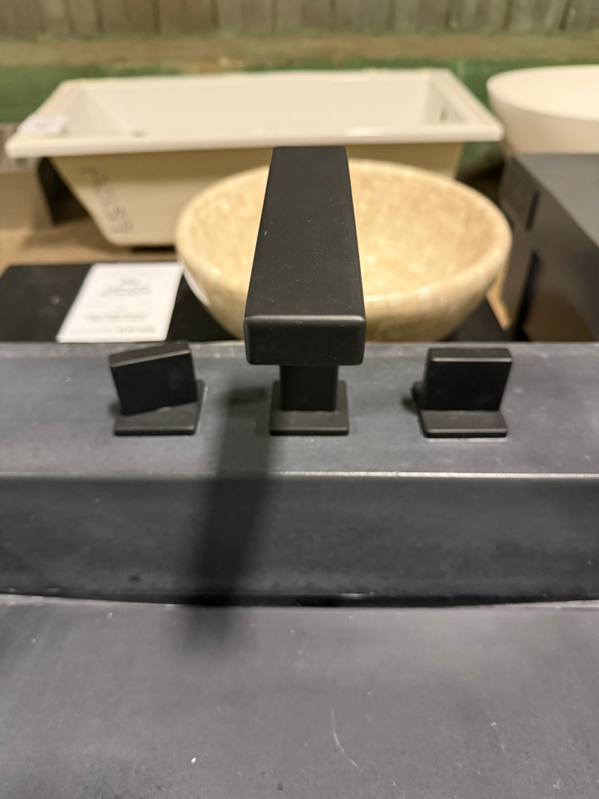 Custom 35" Natural Wood Wall Mount Vanity With Integrated Black Sink Top and Matte Black Faucet