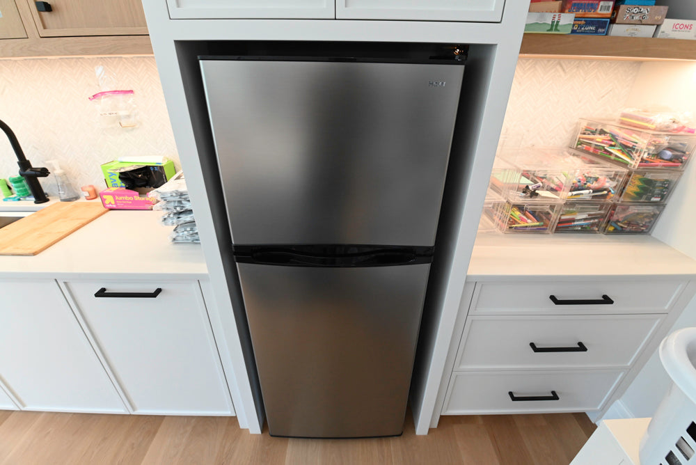Luxury dual tone white and oak small kitchen wet bar cabinetry by Rein and Jac
