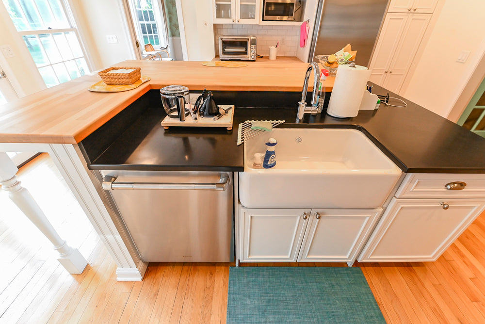 Omega Traditional White Kitchen with Island, Butcher Block Counters and Appliances