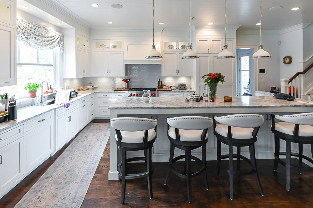 Custom Transitional White Kitchen with Island, Marble Countertop and Sub-Zero & Wolf Appliances