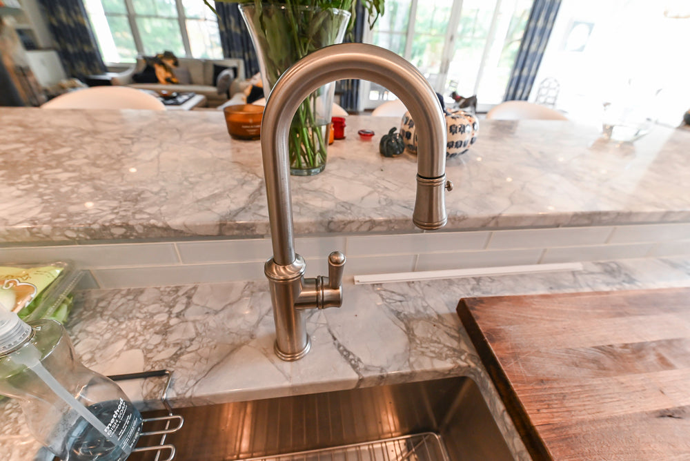 Custom Transitional White Kitchen with Island, Marble Countertop and Sub-Zero & Wolf Appliances
