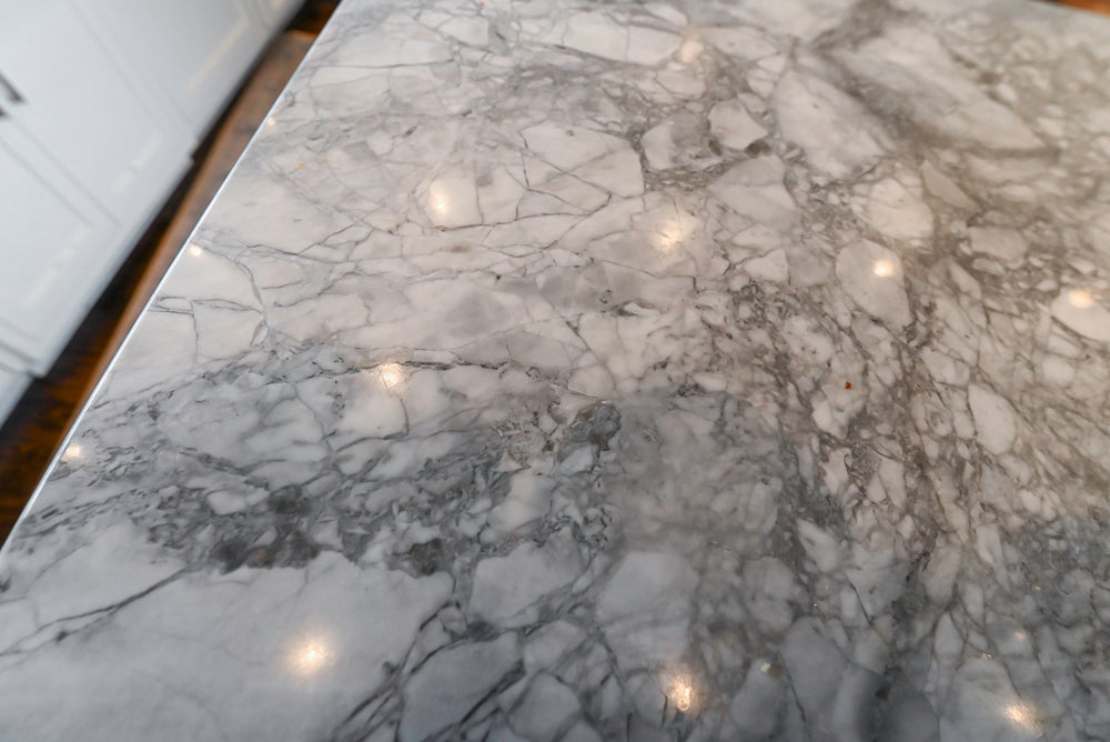 Custom Transitional White Kitchen with Island, Marble Countertop and Sub-Zero & Wolf Appliances